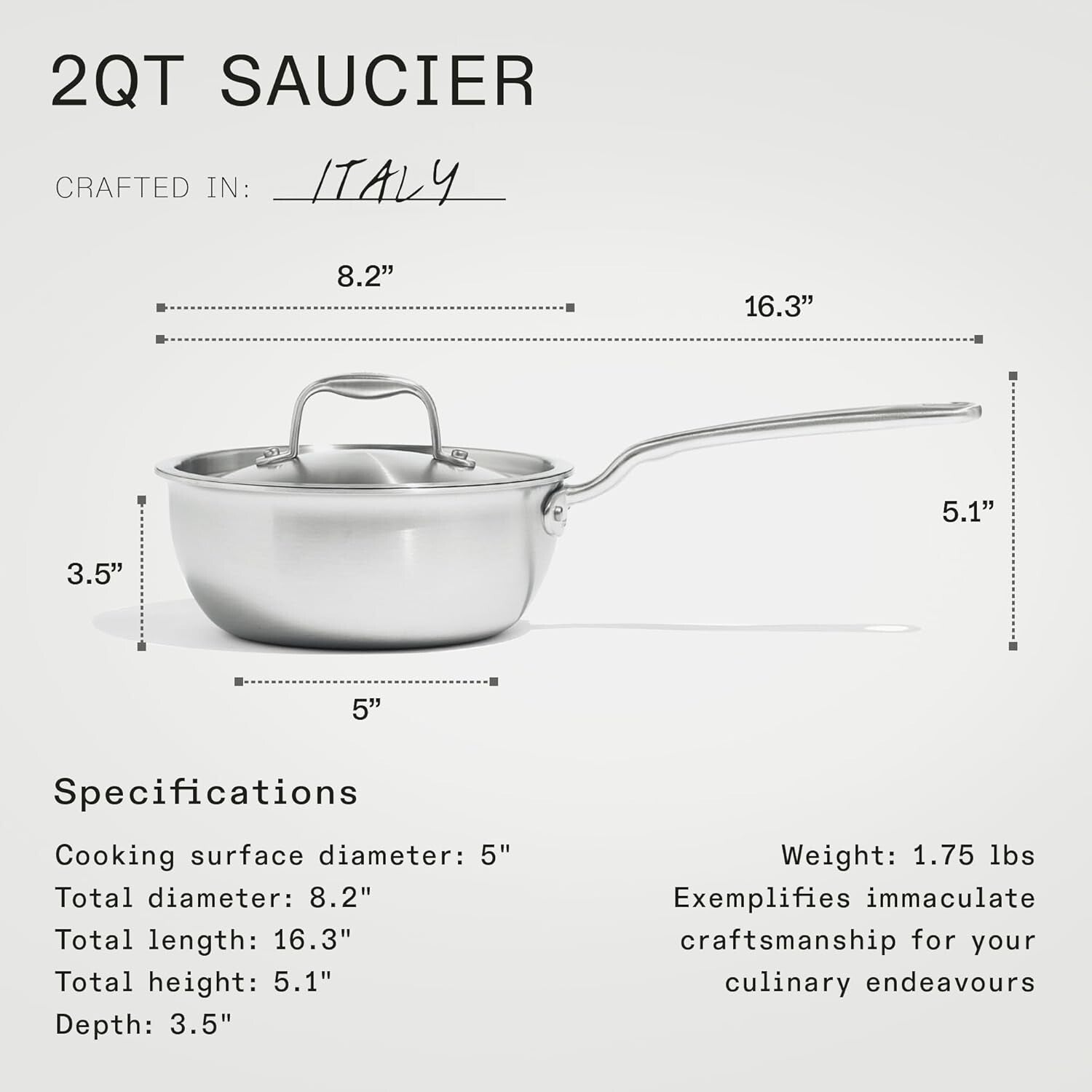 2 Quart Stainless Steel Saucier Pan - 5-Ply Professional Cookware, Made in Italy