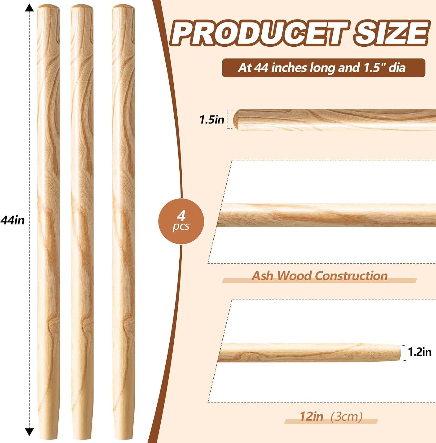 Professionally Crafted Ash Wooden Shovel Replacement Handles – 4 Pack 40.94"