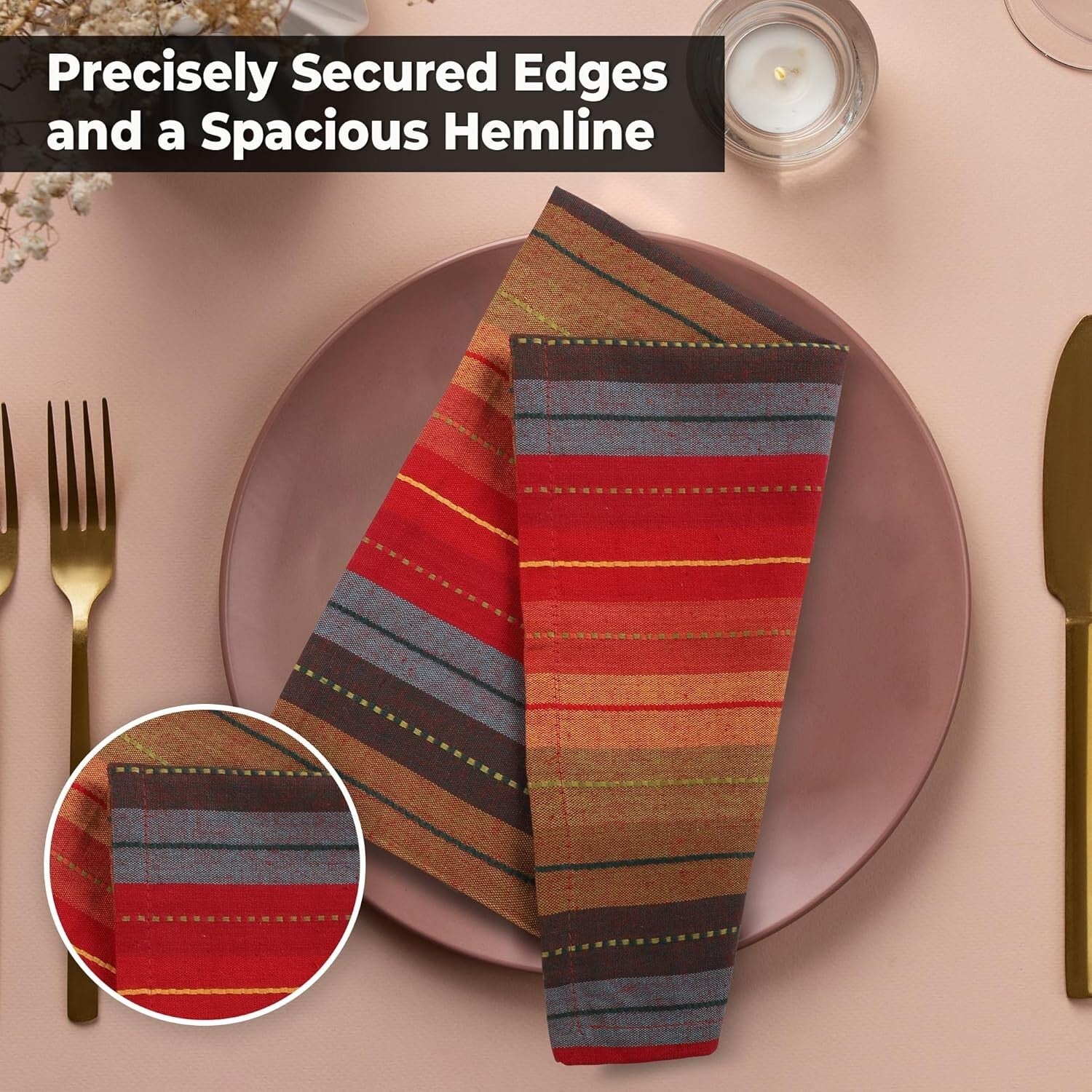Red Multi Color Striped Napkin Set - 12 Premium Cotton Dinner Napkins 20x20