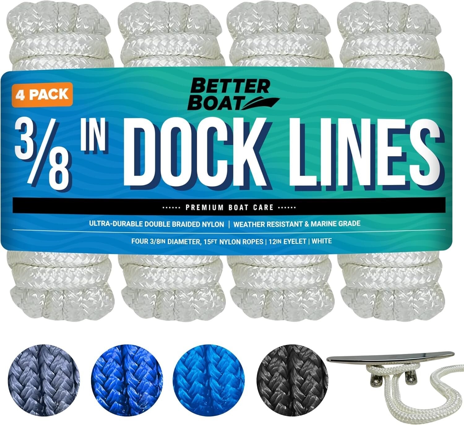 4 Pack 3/8" Double Braided Nylon Boat Dock Lines - 15ft Weather Resistant