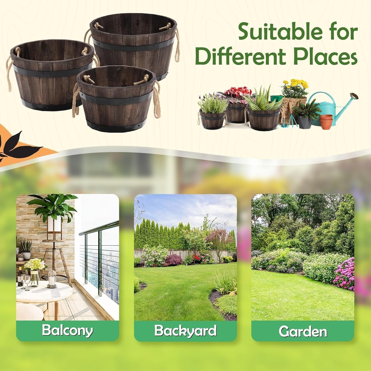 Durable Outdoor Acacia Wood Barrel Planters - Set of 3 with Drainage Holes