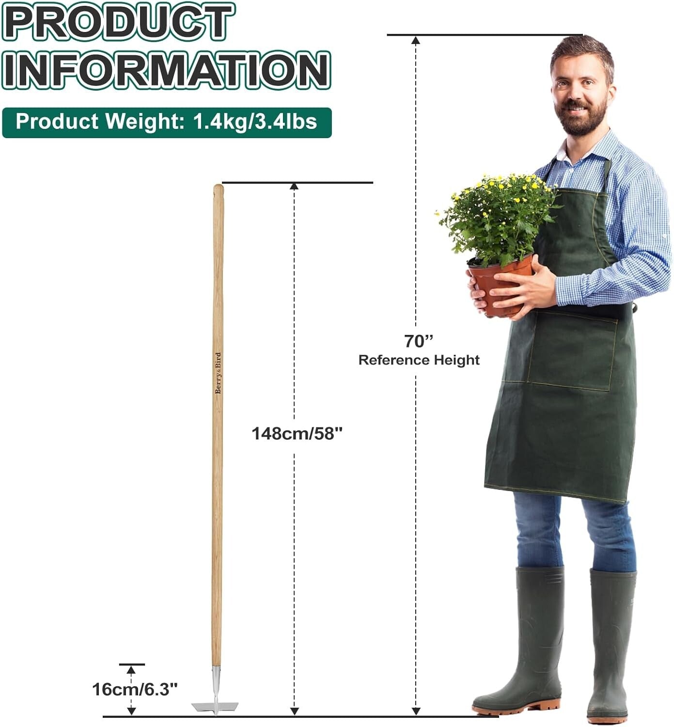 58-Inch Ergonomic Flat Edge Garden Hoe - Durable Stainless Steel Weeder Tool