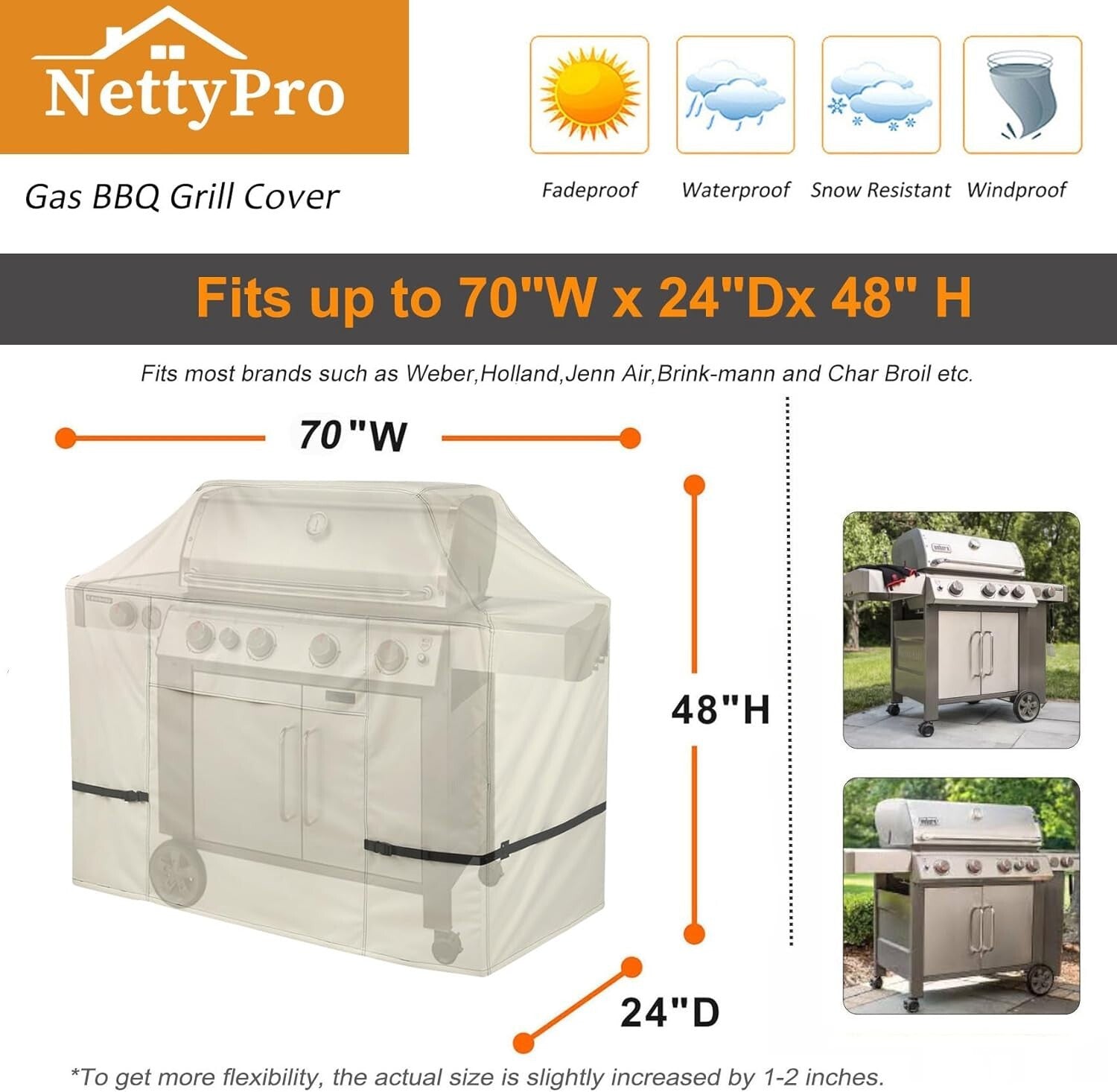Premium 600D Heavy Duty BBQ Grill Cover 68” - Fits Weber, Nexgrill, Char-Broil