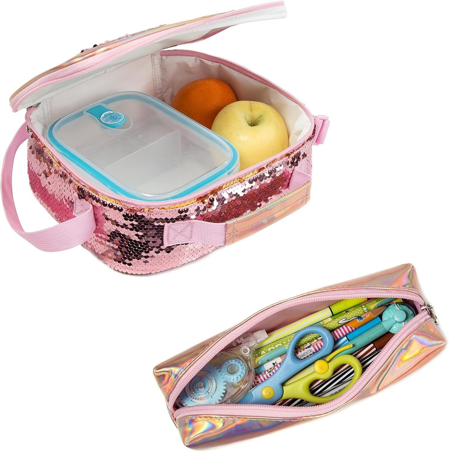Cute Adjustable Sequin Backpack Set for Girls - Includes Lunch Box & Pencil Case
