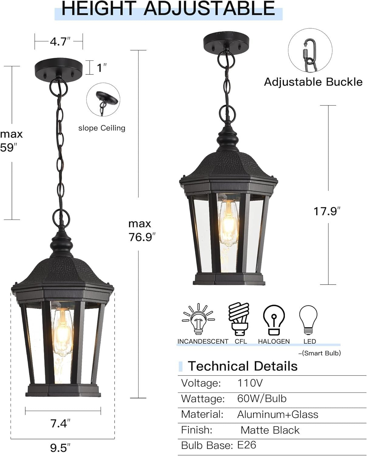 Classic 17.9" Height Adjustable Lantern - Weatherproof Hanging Light Fixture