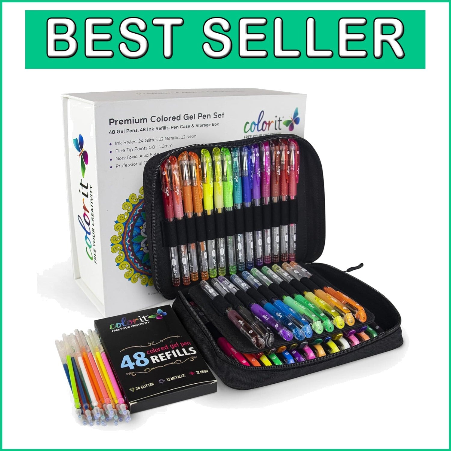 Deluxe 96-Piece Glitter Gel Pen Set with 48 Refills – Perfect for Adult Coloring