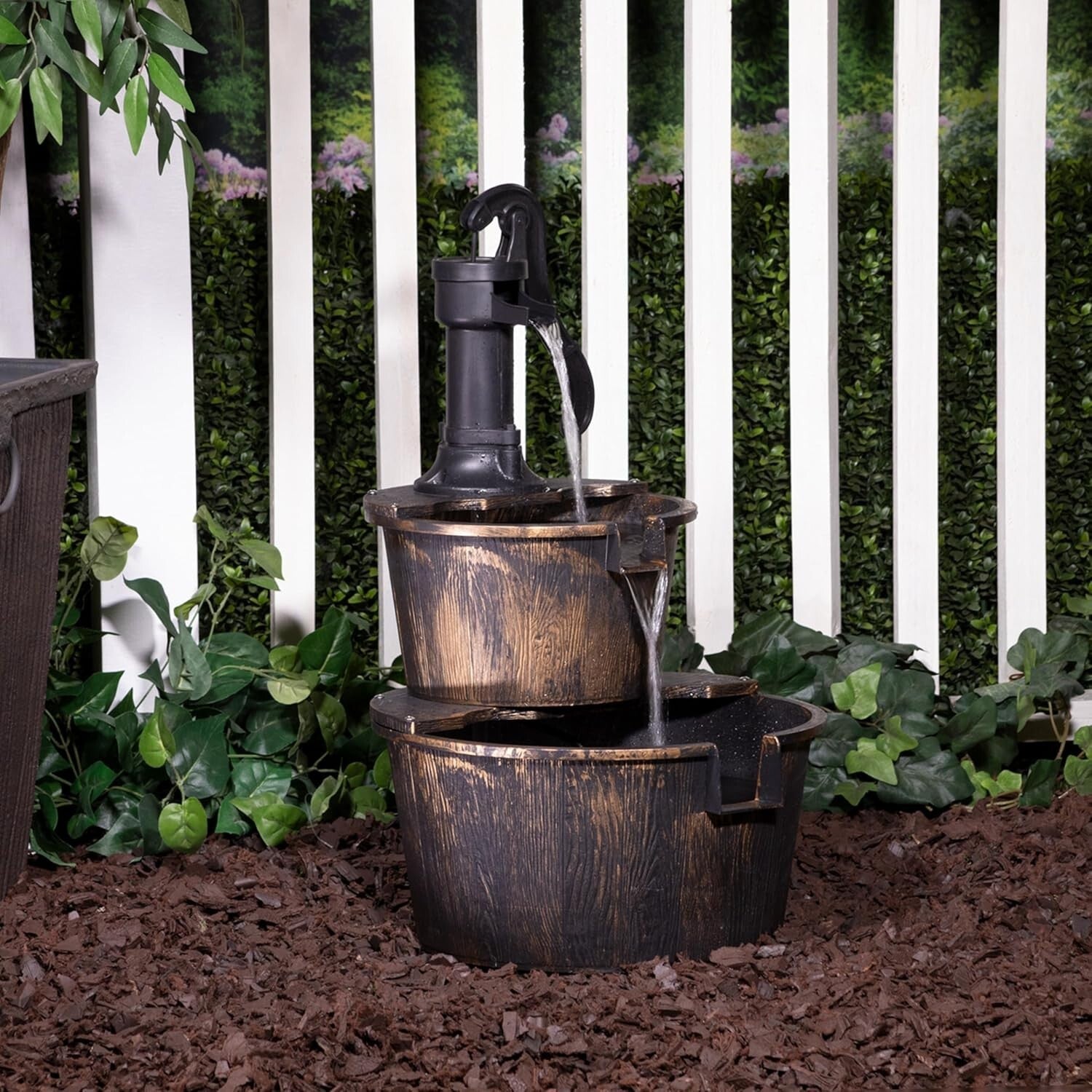 27" Outdoor Rustic 2-Tier Barrel & Pump Fountain - Bronze Finish & Peaceful Flow