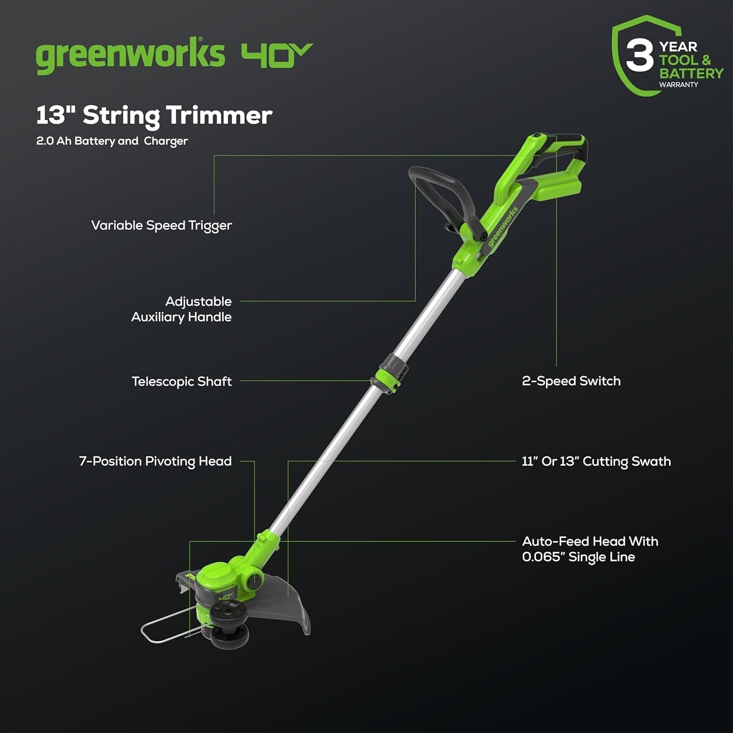 Eco-Friendly 40V 13-Inch Cordless Trimmer with Auto-Feed & Adjustable Height