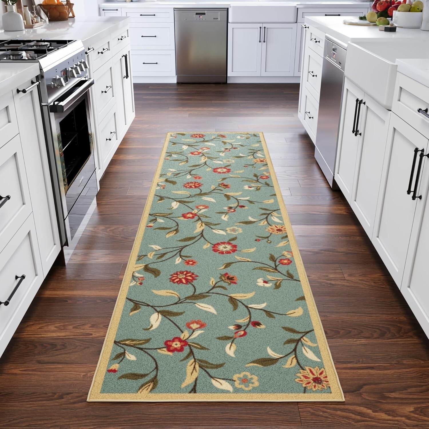 Elegant 2'7" x 9'10" Floral Runner Rug with Non-Slip Backing - Seafoam Green