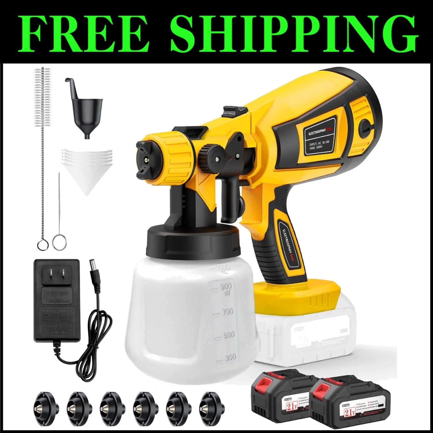 650W Cordless Paint Sprayer with 2 Batteries & 3 Modes - 1000ml Container