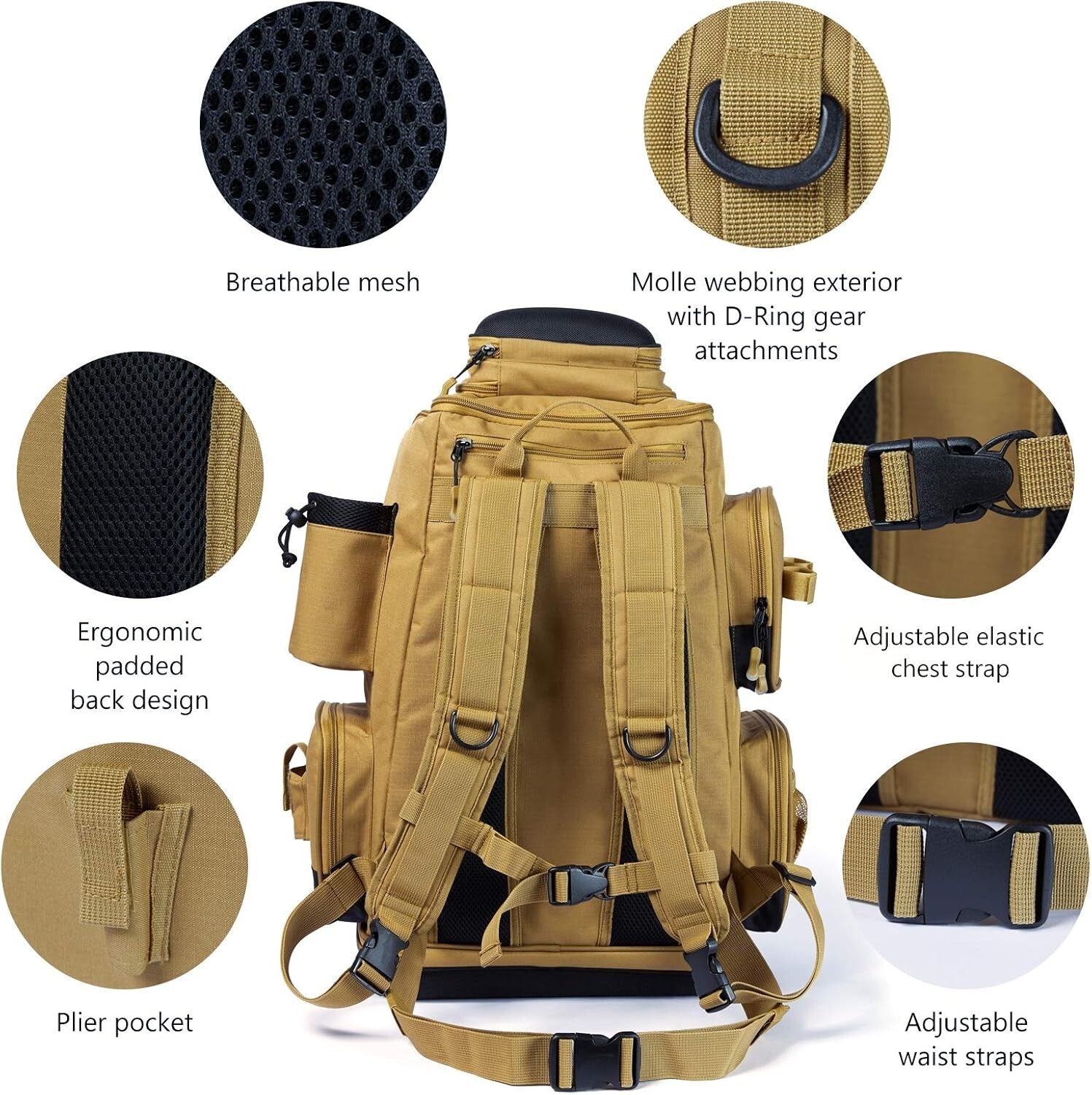 Tactical Fishing Backpack with Rod Holder, Rain Cover & Ergonomic Design