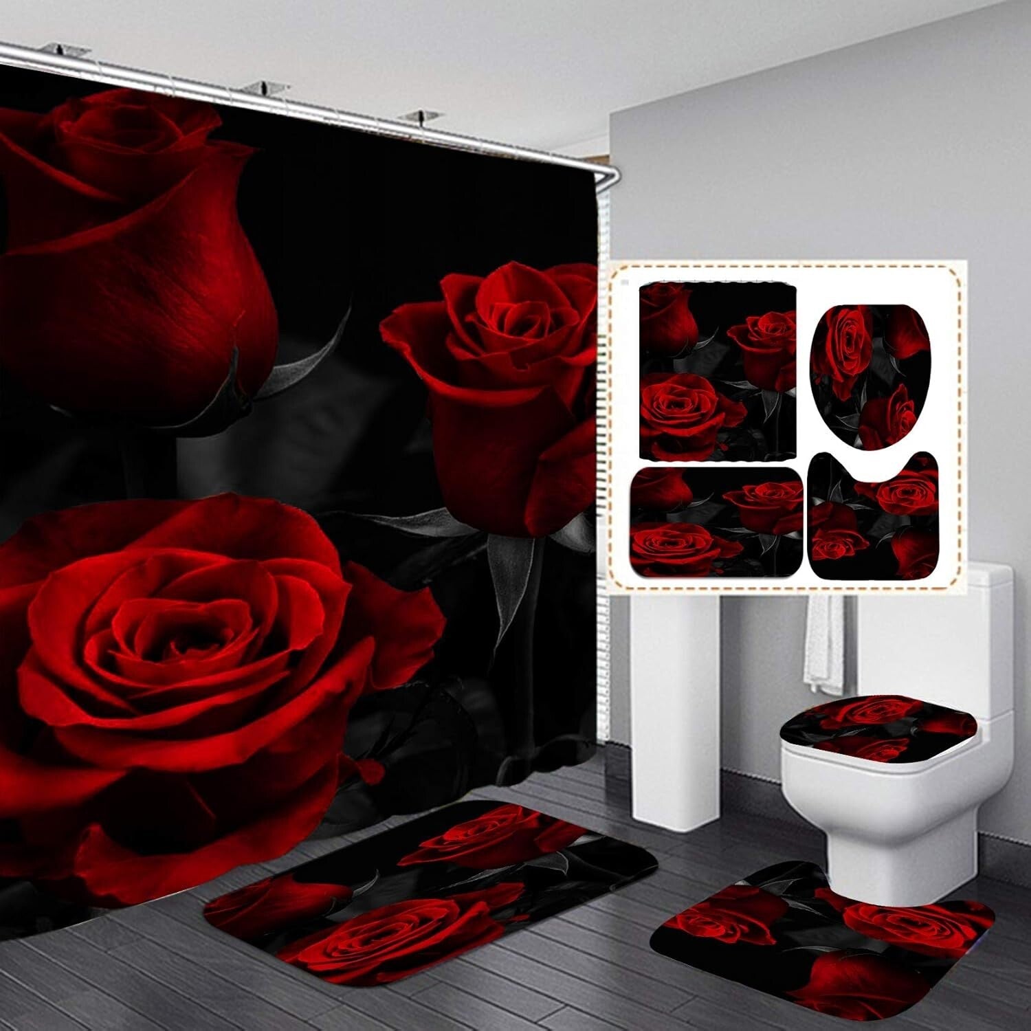 Elegant 4-Piece Rose Shower Curtain Set – Waterproof Floral Bathroom Decor