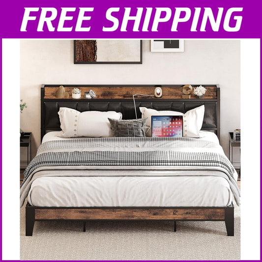 King Bed Frame with Storage Headboard & USB Charging - Vintage Brown & Black