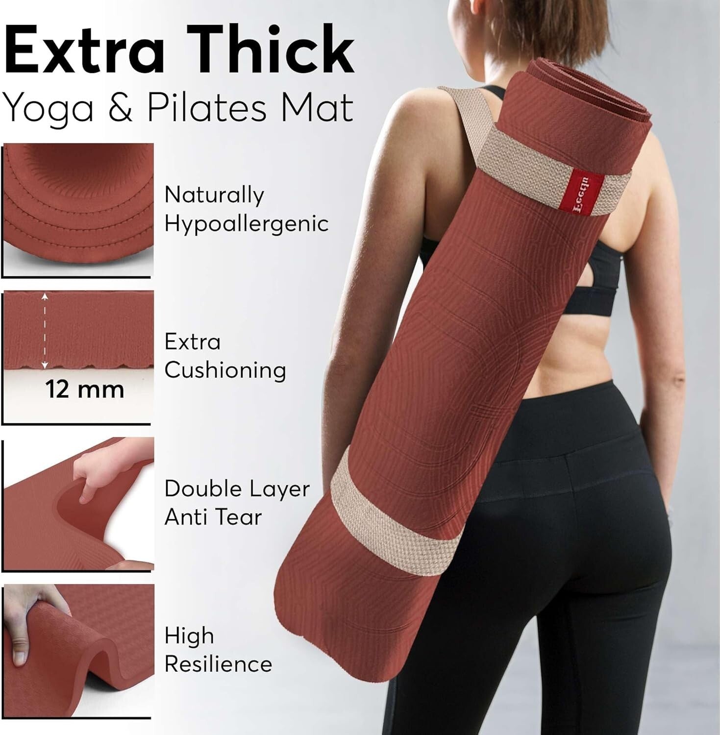Cushioned 12mm Non-Slip Exercise Mat for Yoga & Pilates – Includes Carry Strap
