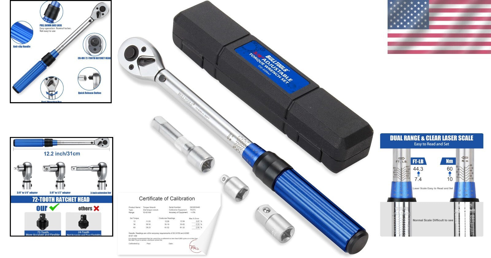 Precision Dual-Direction 3/8-Inch Drive Click Torque Wrench Set 7.4-44.3 FT.LB
