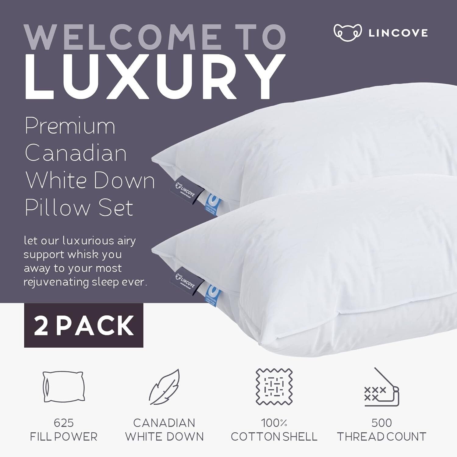 Hypoallergenic Luxury Down Pillows - 625 Fill Power, Perfect for Travel