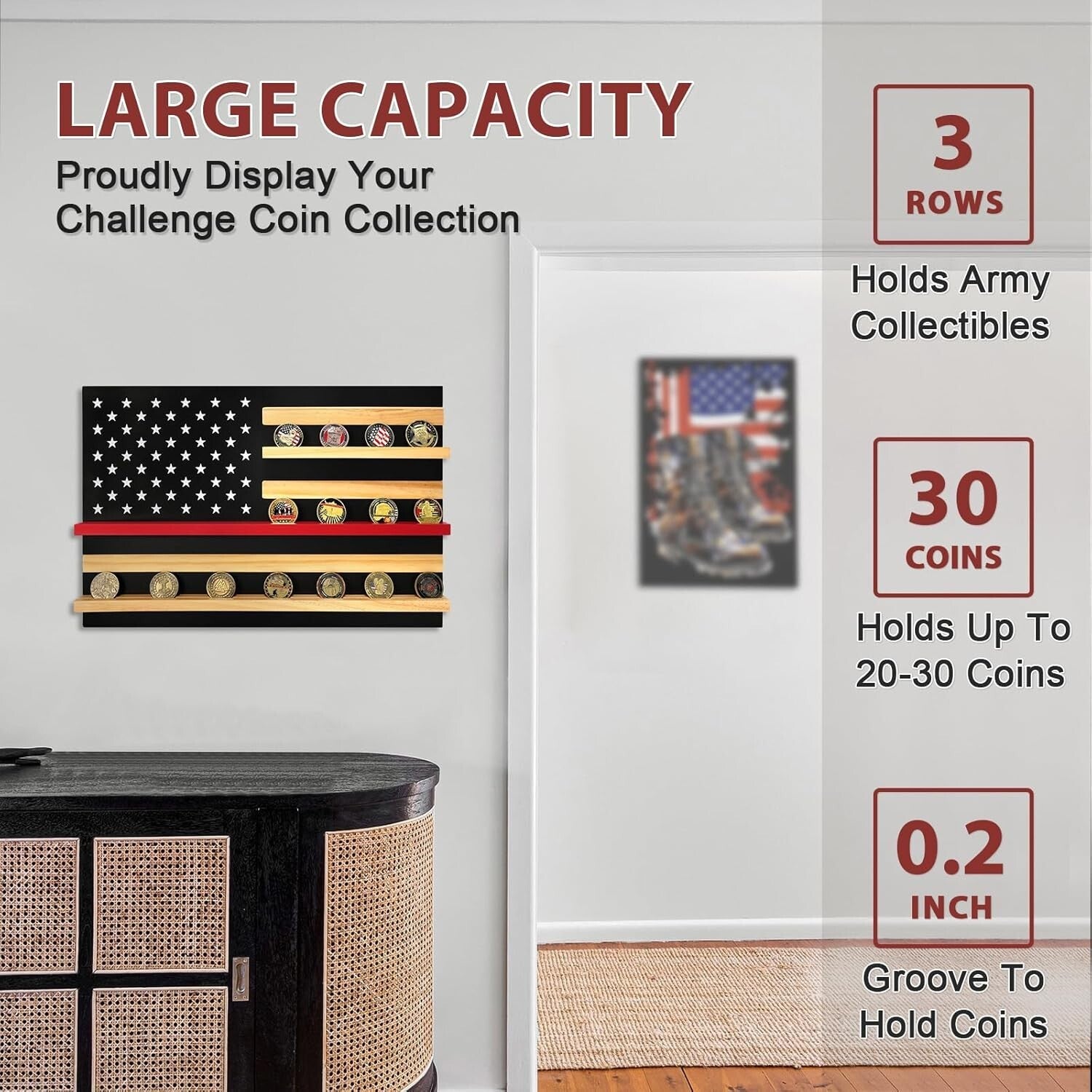 Elegant Thin Red Line Coin Holder - Solid Wood Display for 30 Challenge Coins