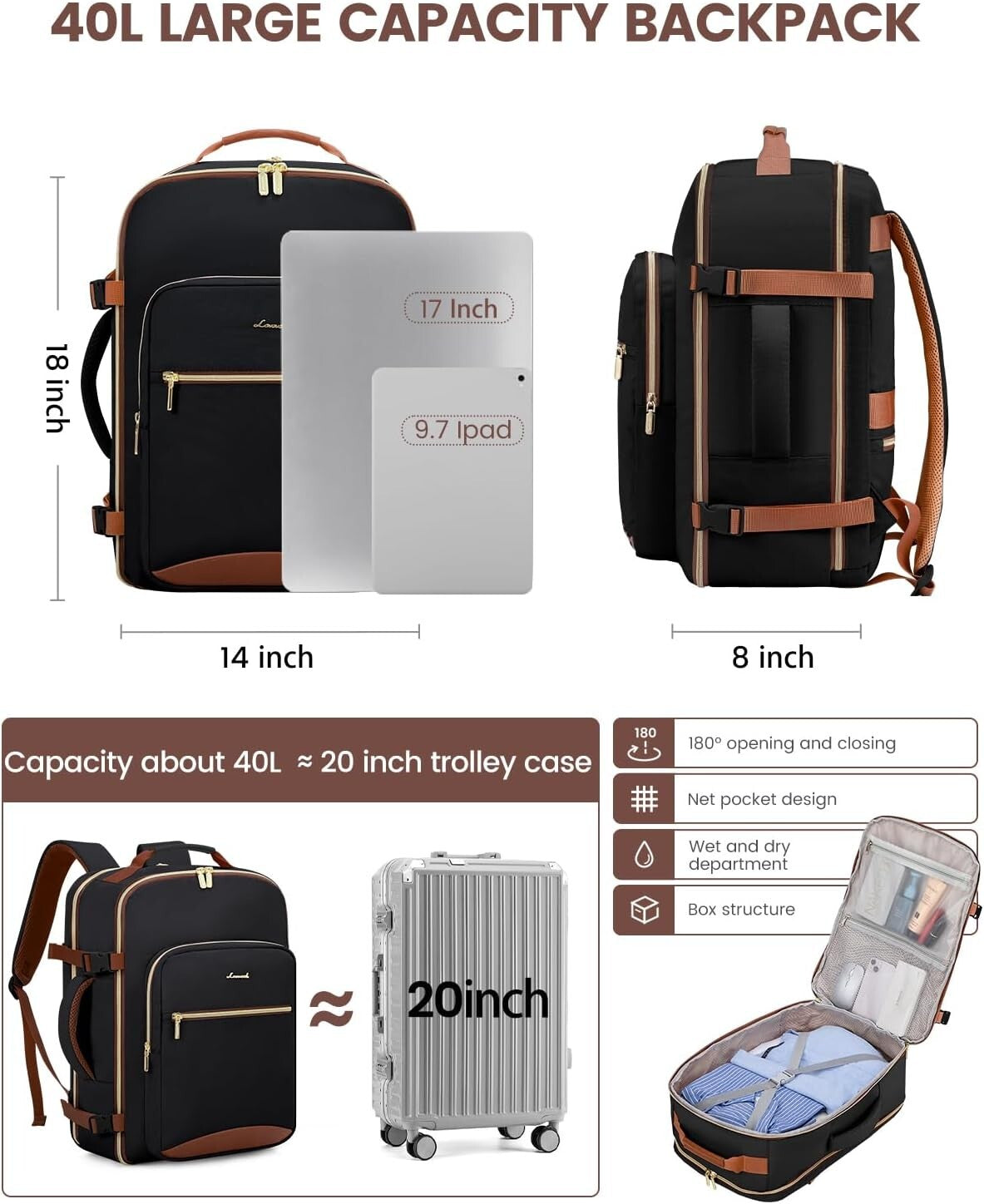 Waterproof Travel Backpack for Men & Women with 3 Packing Cubes - 40L Size