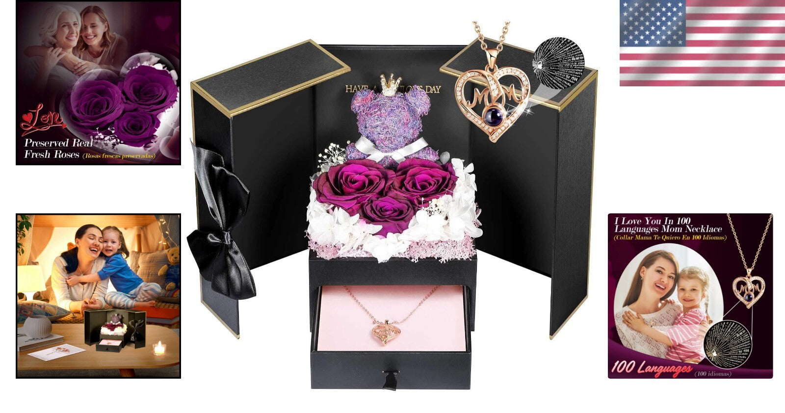 Charming Gift Set for Mom: Roses, Bear, and I Love You Necklace in Rose Gold