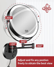 Load image into Gallery viewer, Stainless Steel 9" Wall-Mounted Magnifying Mirror with Extendable Arm &amp; LEDs