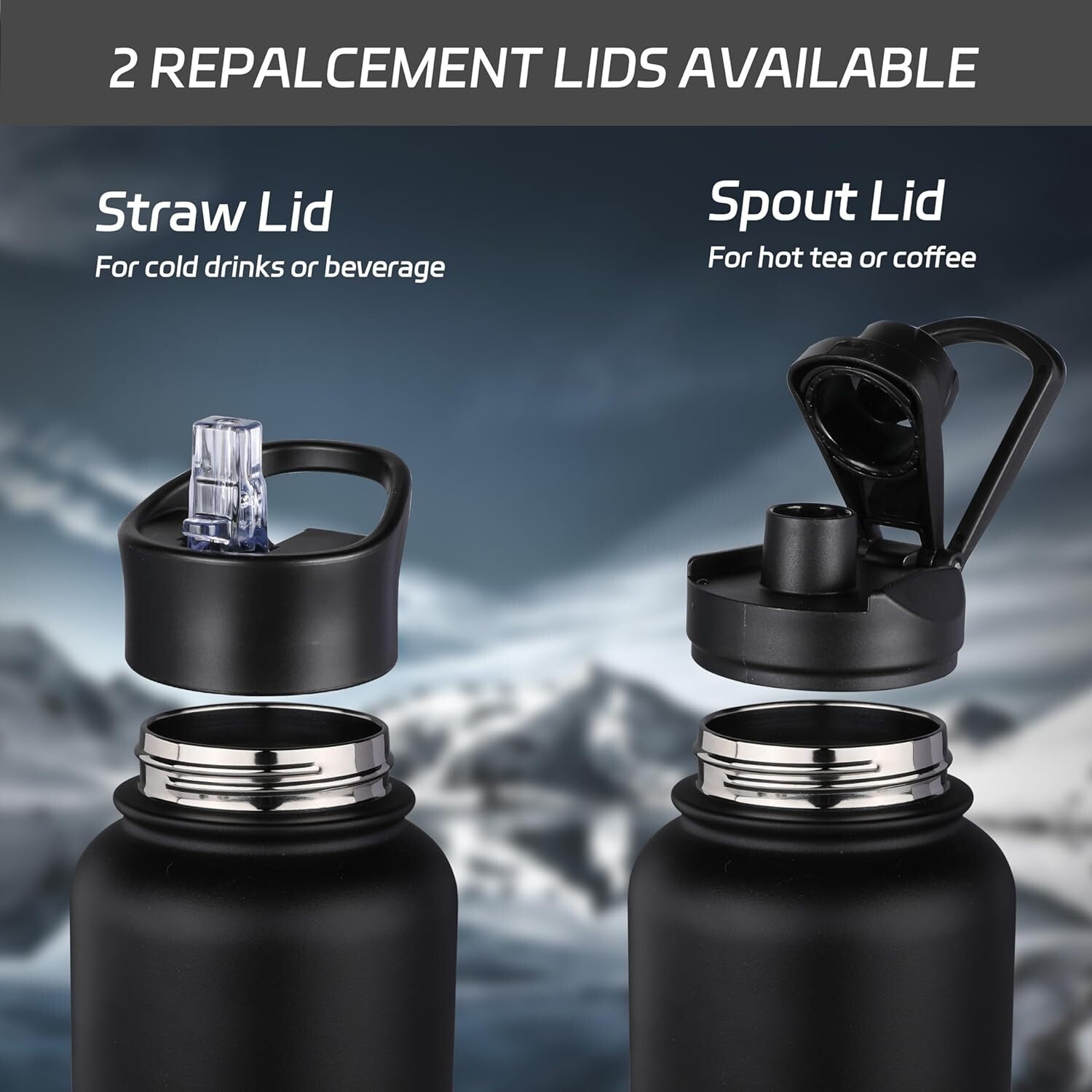 Double Walled 40oz Insulated Black Water Bottle with Straw & Spout Lid Bundle