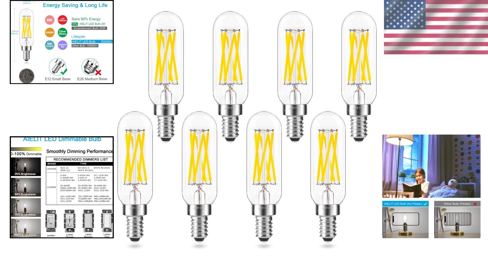 Eco-Friendly Dimmable Filament T8 LED Bulbs 5000K Bright White, 6W - 8 Pack