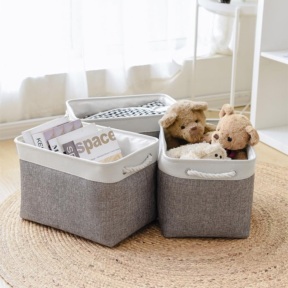 3 Pack Fabric Storage Bins in White & Grey - 16x12x12 Inches for Organization