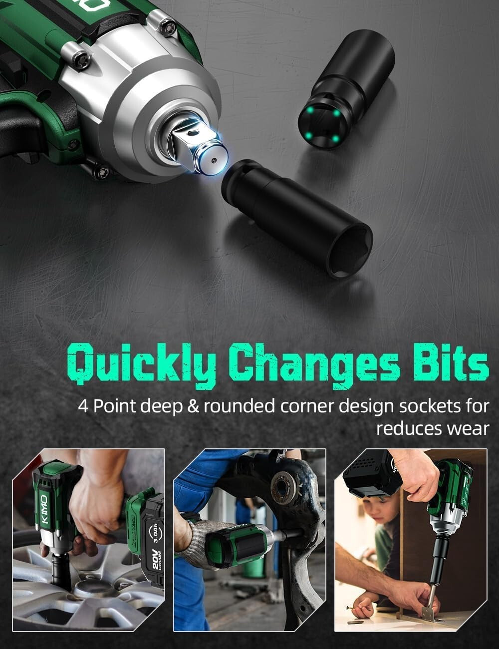 Powerful KIMO 1/2” Impact Wrench with 2x4.0Ah Batteries & 7 Sockets Included