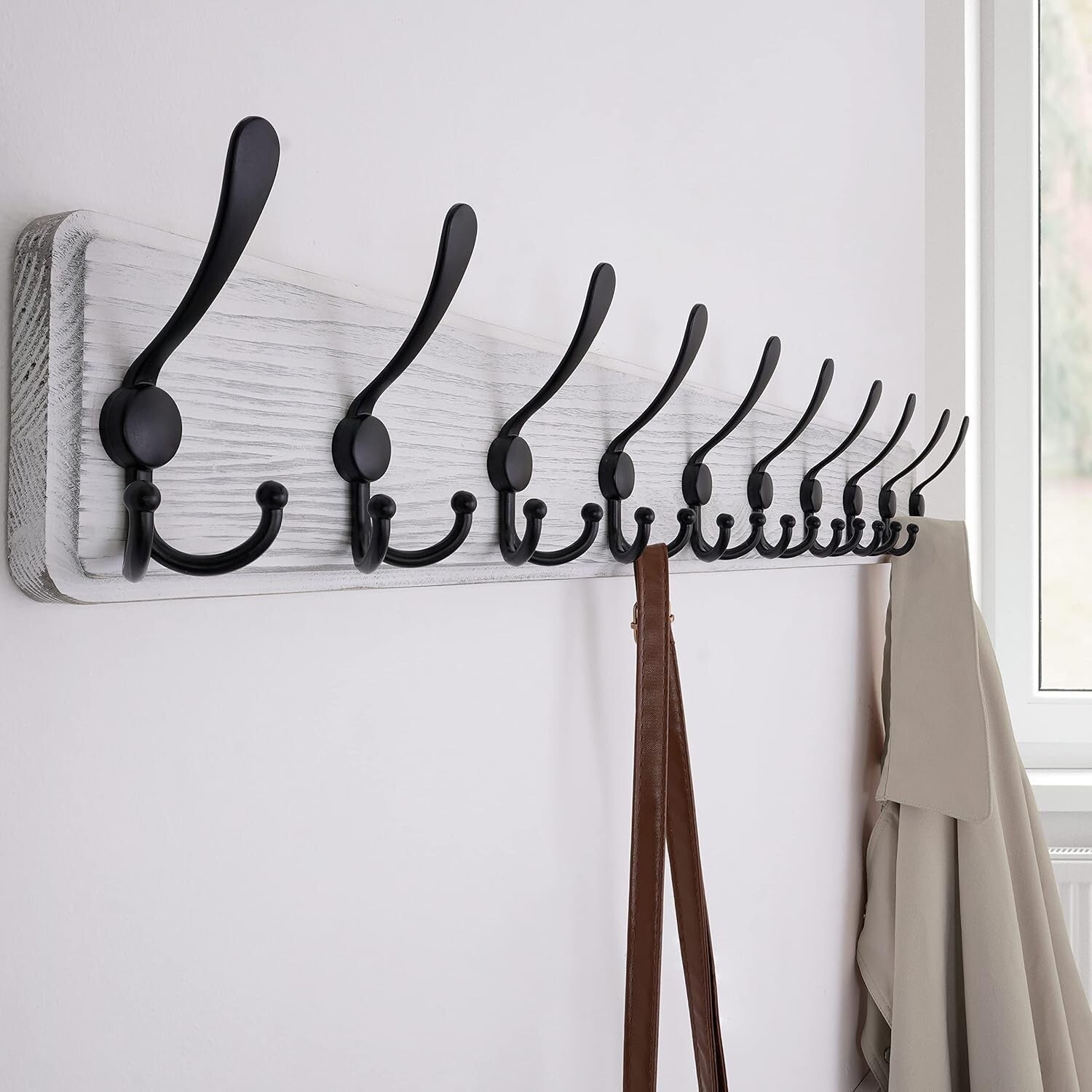 38.3'' Rustic Wall Mounted Coat Rack with 10 Heavy-Duty Hooks in Weathered White