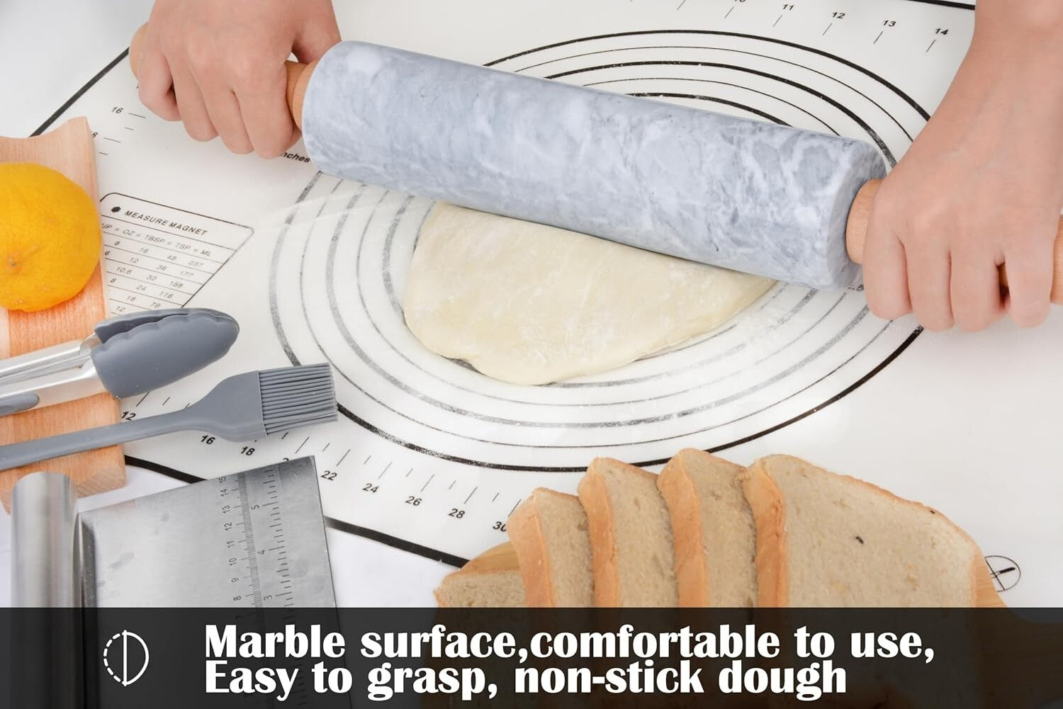 18.5-Inch Polished Marble Rolling Pin Set: Pastry Mat, Brush, & Tongs Included