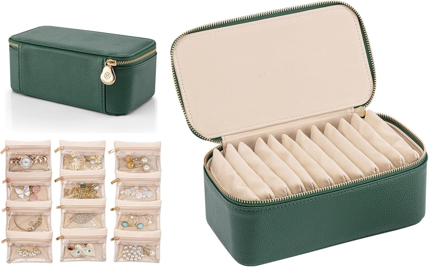 Faux Leather Travel Jewelry Box - 12 Convenient Zipped Pouches for All Jewelry