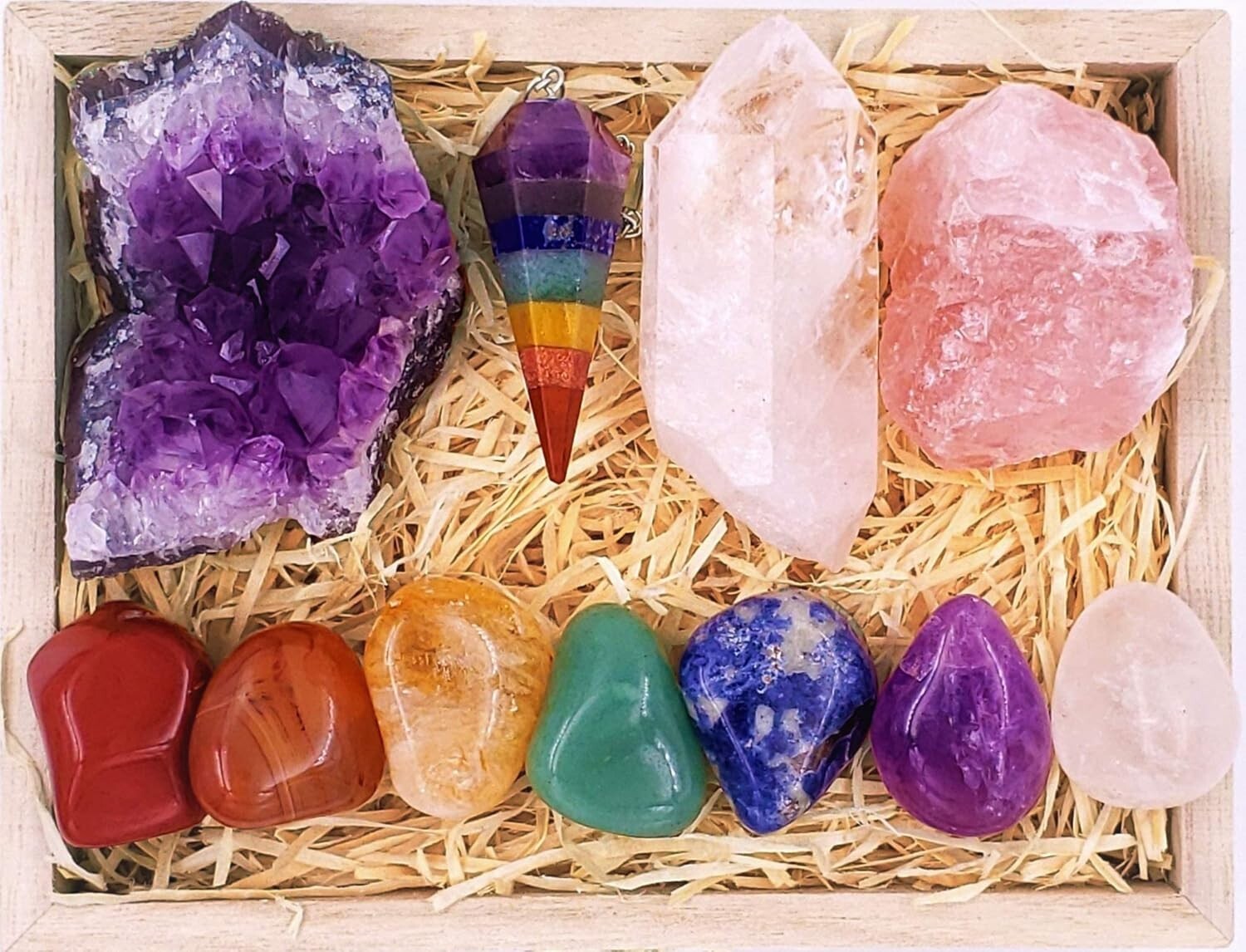 Complete 7 Chakra Stones Healing Kit - Amethyst, Rose Quartz & More in Gift Box