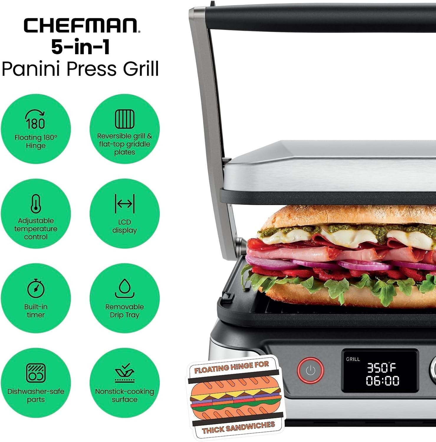 5-in-1 Stainless Steel Panini Press and Indoor Grill - 180° Versatile Cooking