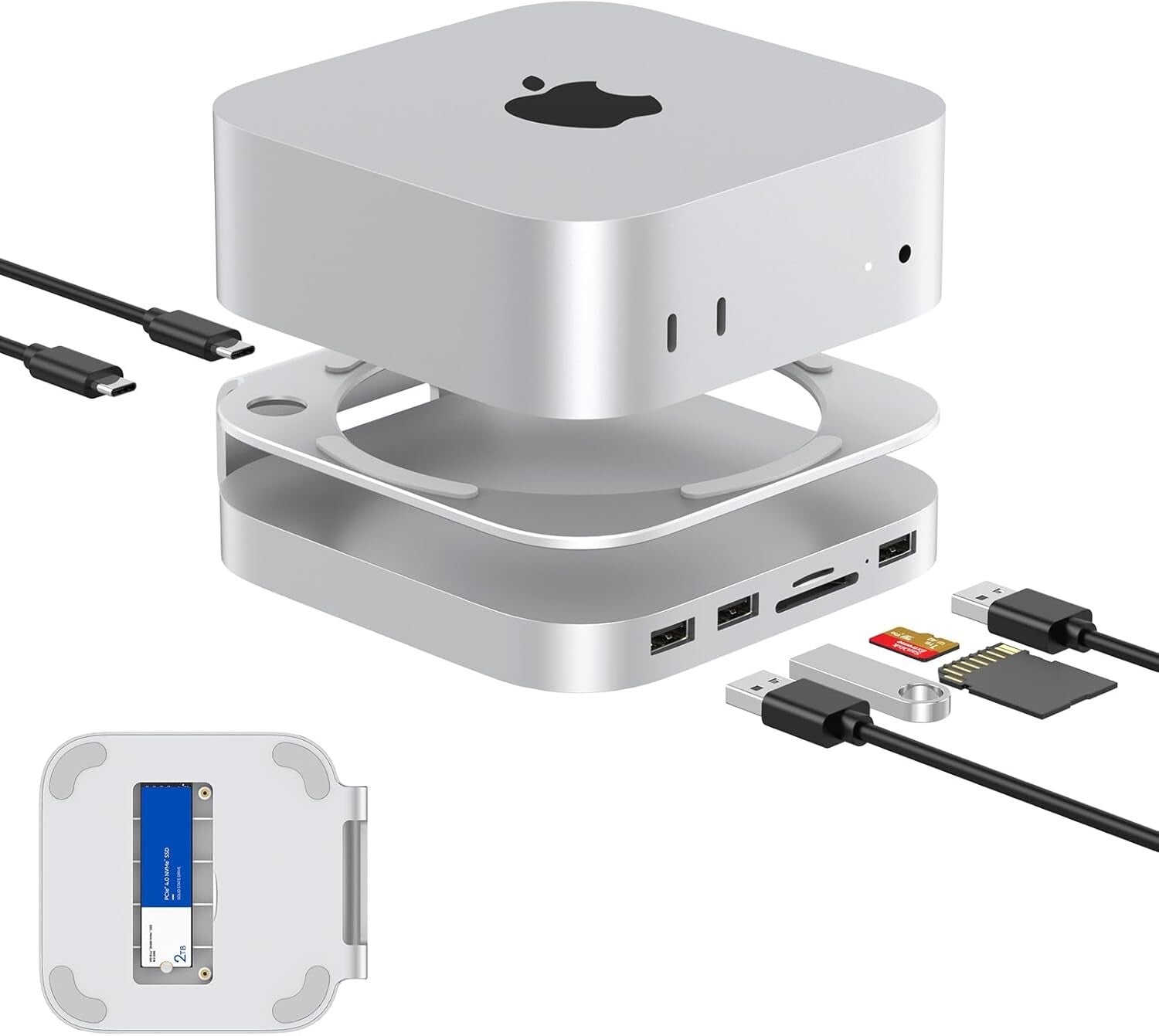 Premium Aluminum Dock for Mac Mini M4 - 8TB SSD Enclosure & USB 3.1 Connectivity