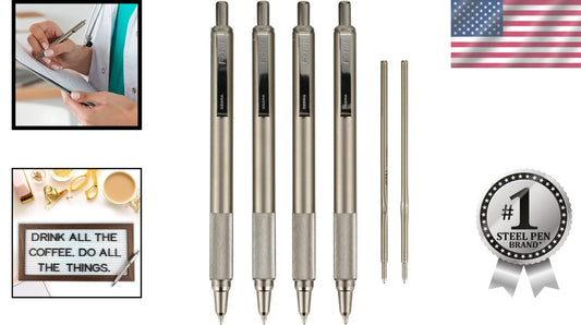 F-701 Retractable Ballpoint Pen 4-Pack - Stainless Steel, Fine 0.8mm Black Ink