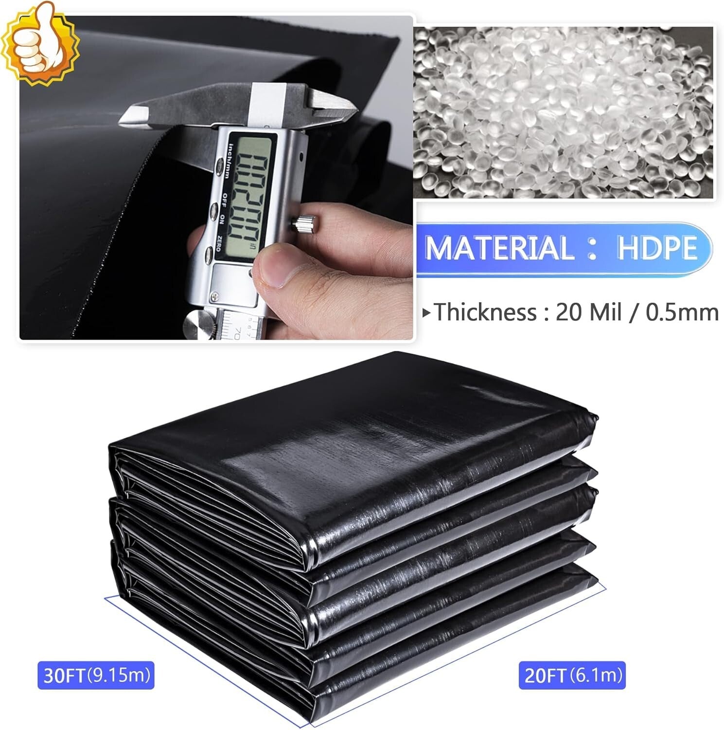 20 x 30 Ft HDPE Pond Liner - UV Resistant, Easy Cutting for Natural Ponds