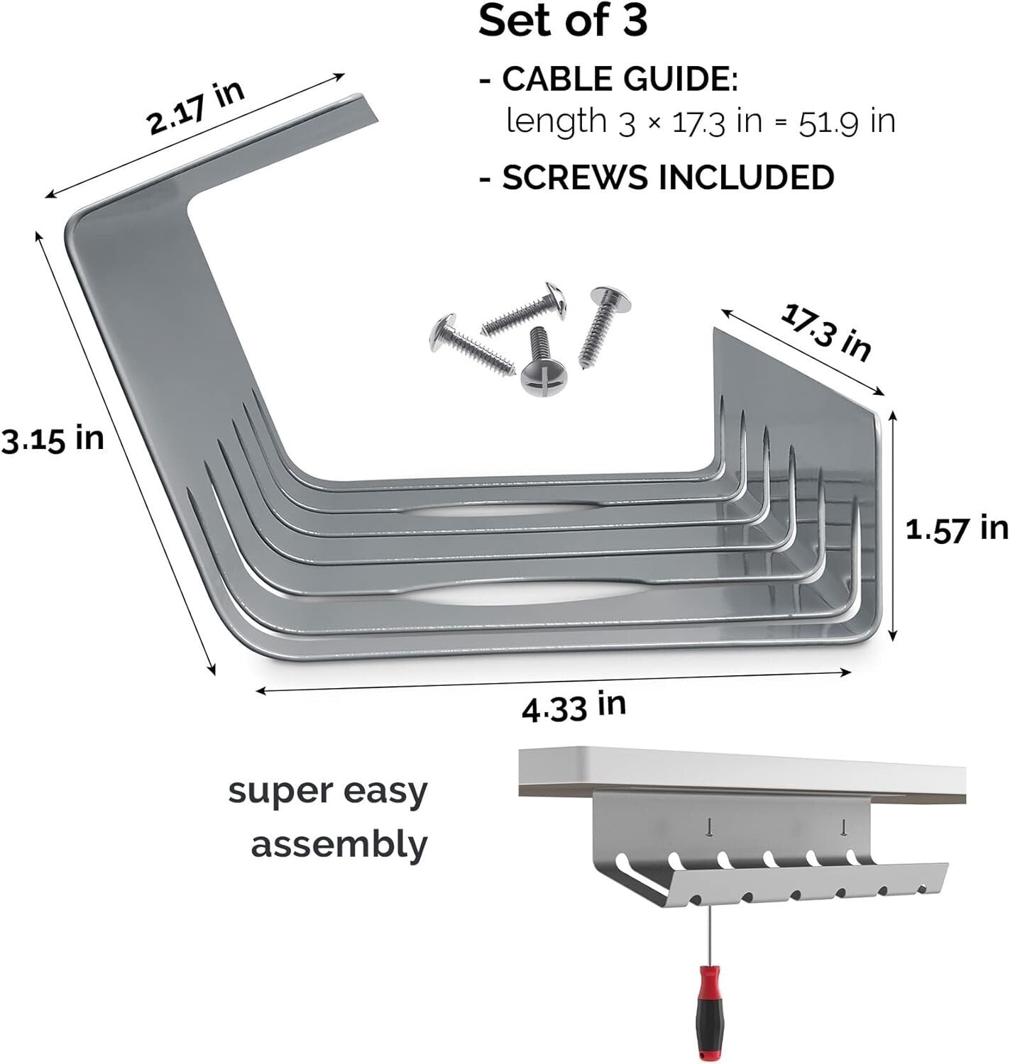 Sturdy Silver Cable Management Trays with 10 Ties - Set of 3 for Home Office