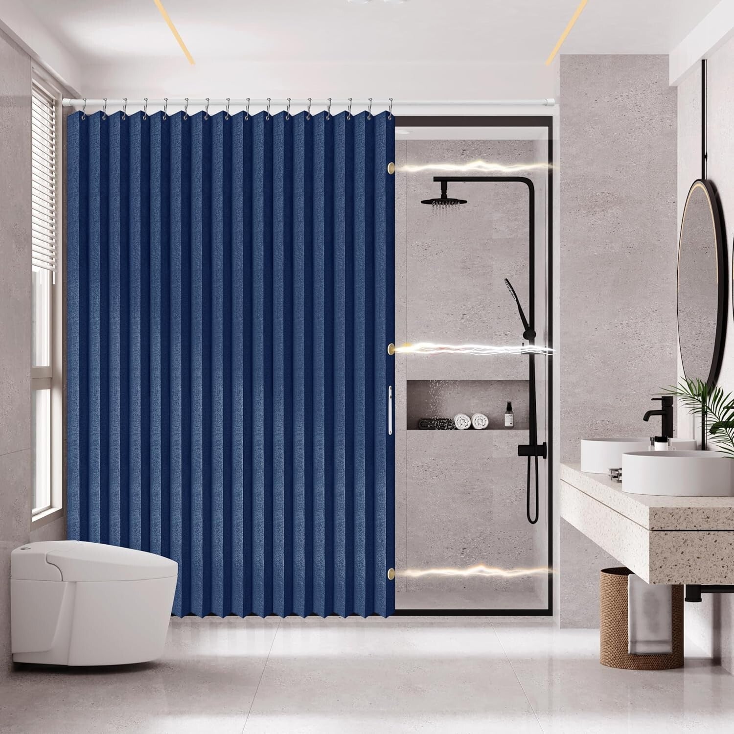 Waterproof Accordion Shower Curtain - Space-Saving Magnetic 1 Panel, Dark Blue