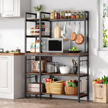 Load image into Gallery viewer, Rustic 43-Inch 5-Tier Bakers Rack with 10 Hooks – Large Kitchen Storage Solution