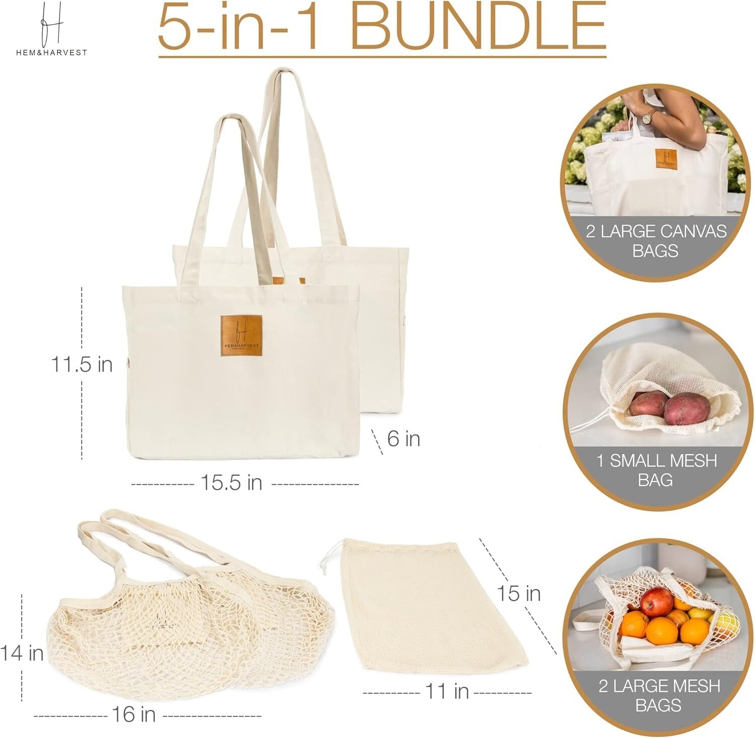 Oversized Canvas Totes Set of 5 with Extra Pockets - Ultimate Grocery Solution
