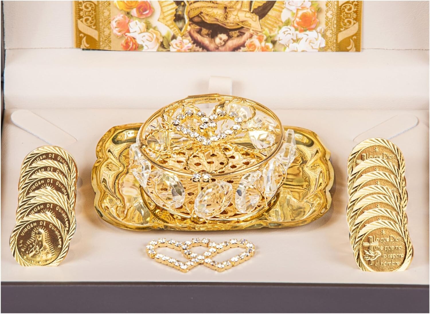 Gold Catholic Wedding Arras Set with Virgen de Guadalupe in Deluxe Gift Box