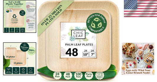 Eco-Friendly 48-Piece Set - Biodegradable 10" & 7" Square Palm Leaf Plates