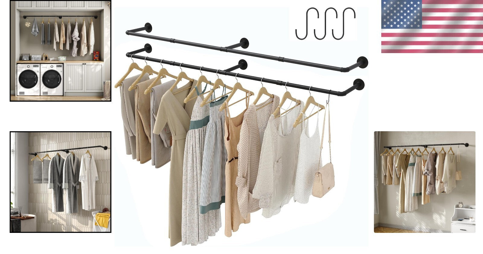 Portable 72''L Iron Clothes Rack with Hooks – Ideal for Laundry and Retail