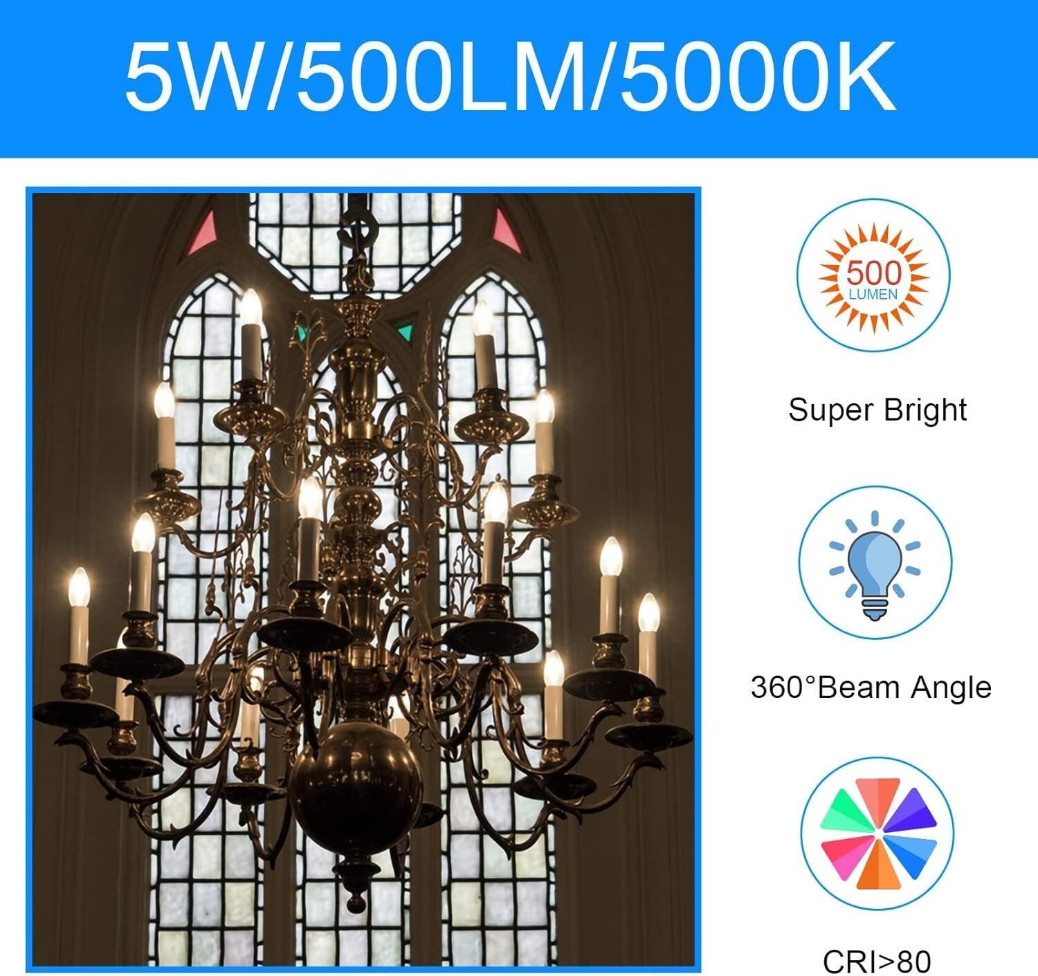 Energetic 24-Pack Dimmable LED Candelabra Bulbs B10, Daylight 5000K E12 Base