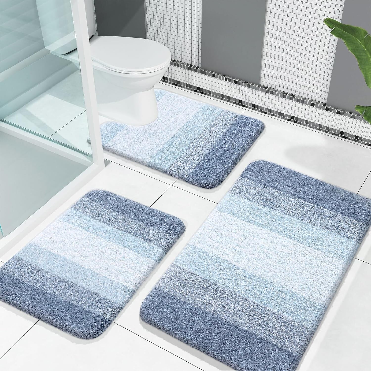 Fluffy High Pile Blue Bathroom Rug Set, Quick Dry & Machine Washable - 3 Pieces