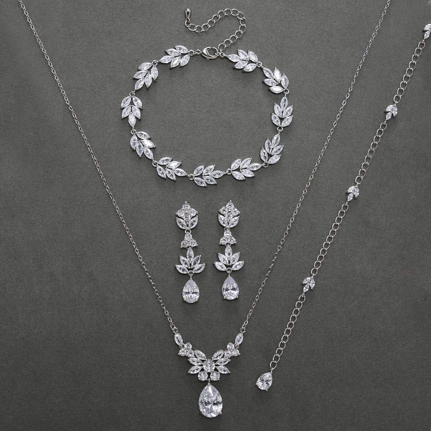 Dainty Women's Wedding Jewelry Set - Cubic Zirconia Necklace & Earring Pair