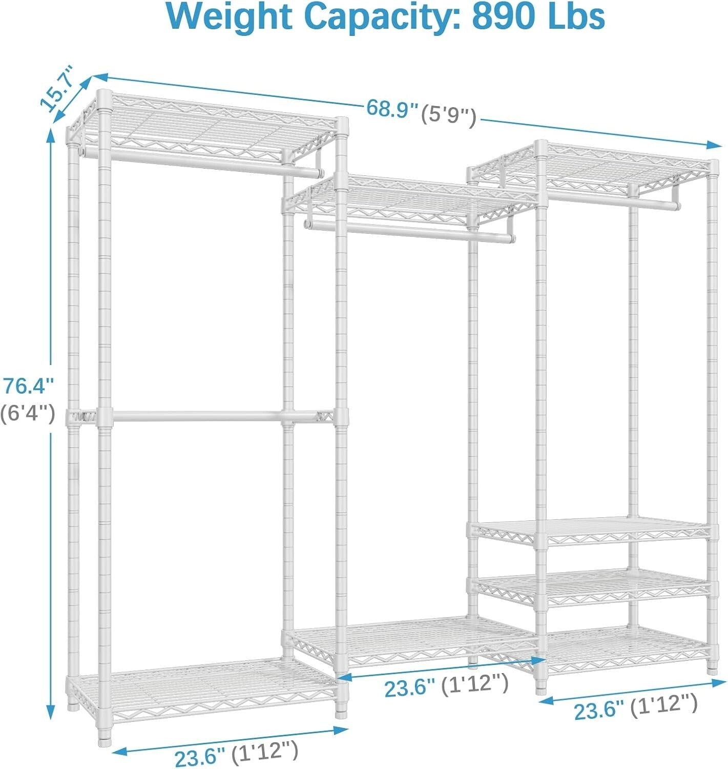 Freestanding White Closet Wardrobe Rack - Supports 890 lbs, 8 Shelves Included