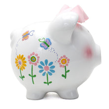 Load image into Gallery viewer, Vibrant Hand-Painted Ceramic Piggy Bank for Girls – 8-inch Flutter Flies Design