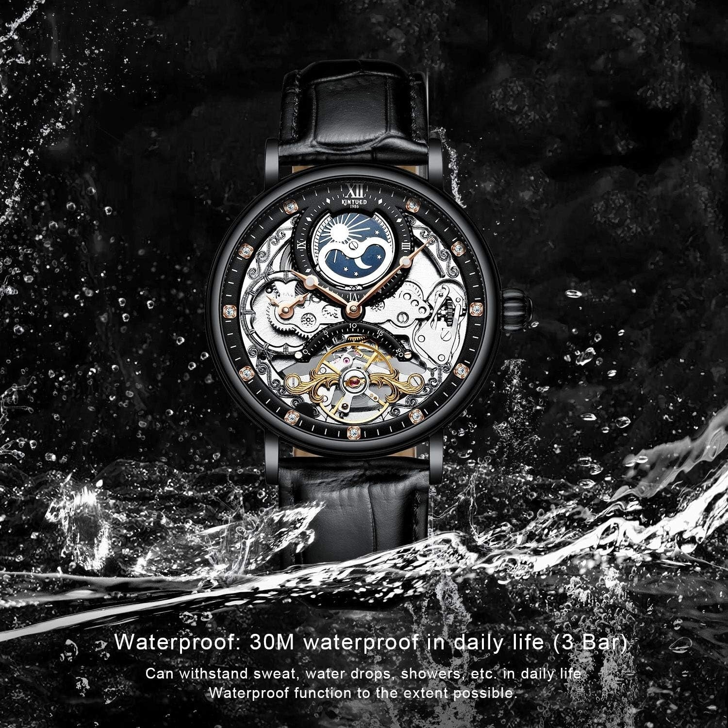 Men's Luxury Skeleton Automatic Watch with Luminous Hands & Moon Phase – Elegant