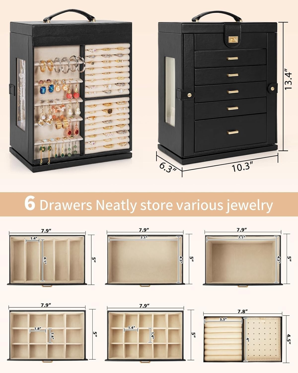 Elegant 360° Rotating Jewelry Box - 6-Tier Organizer with Large Mirror